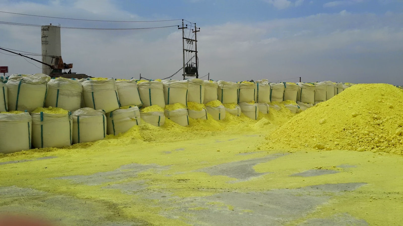 Sulfur material packed in jumbo bags at an industrial yard
